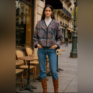 Vintage HBAR tapestry jacket w/snap front,multicolour,leather trim,inner pocket